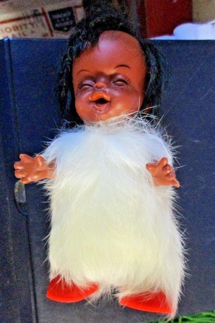VINTAGE INDIAN DOLL HARD PLASTIC Laughing little Fur baby Red shoe  MAKE IN USA