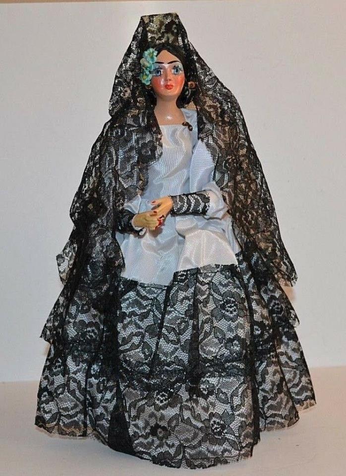 Vtg Spanish Senorita Doll Hard Plastic Black White Dress Spain Rare