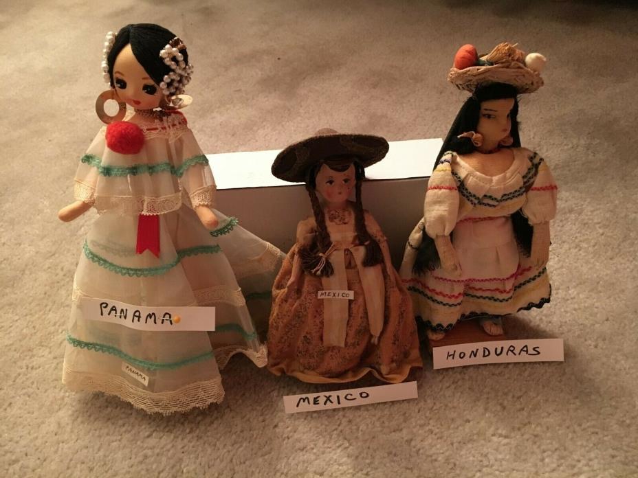 Vintage Central America dolls:  Panama, Mexico, Honduras costumed dolls