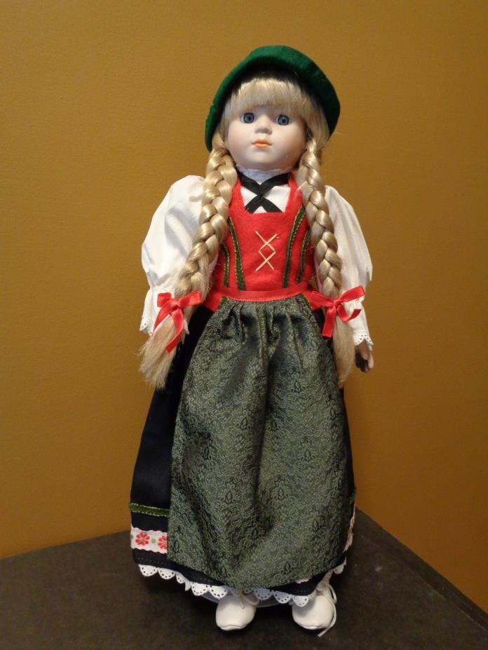 German Porcelain Girl Doll in Provincial Folk Costume w/Green Hat & stand