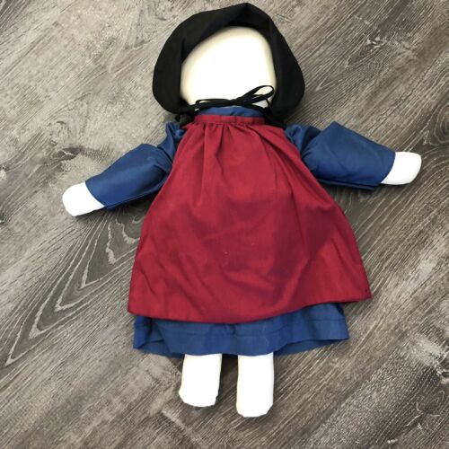 AMISH Cloth Handmade No Face Doll Bonnet Apron Maroon Blue Traditional Dress 20”