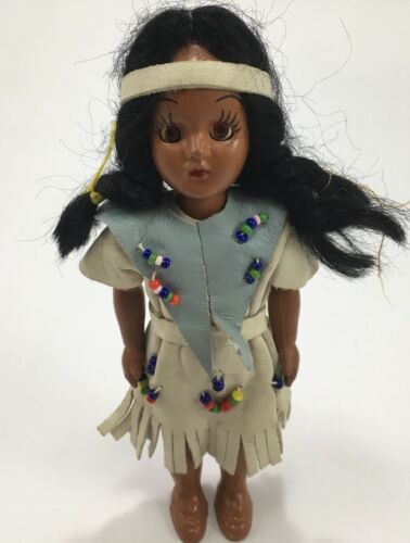 Vtg Native American Indian Sleepy Eyes Doll Beaded Fringe Leather Clothing
