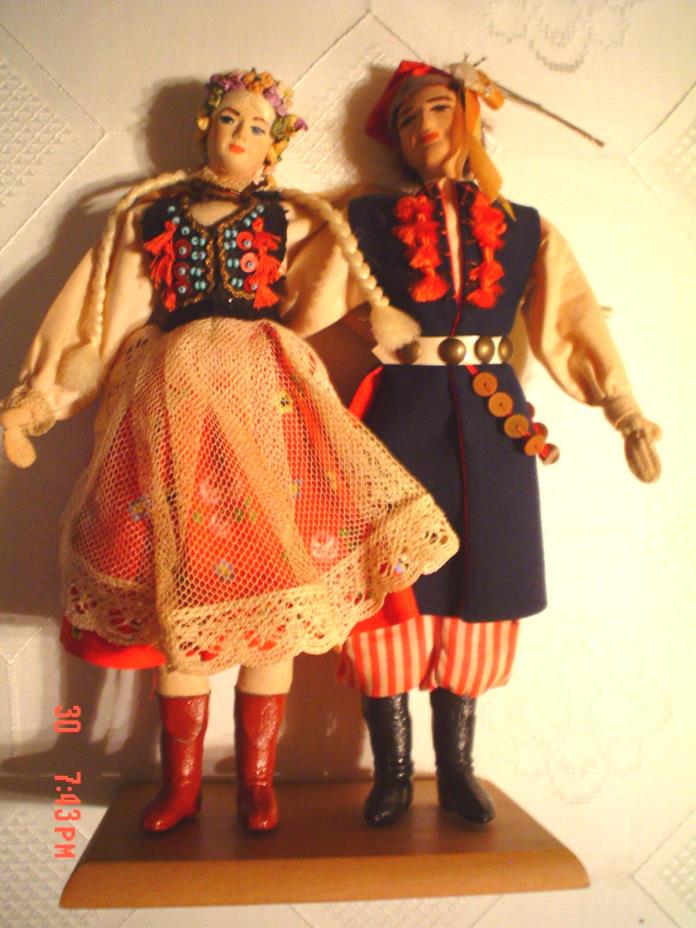 SALE  1976 PURCHASED IN POLAND Folk Art Regional Handmade Dancing Dolls w/ base