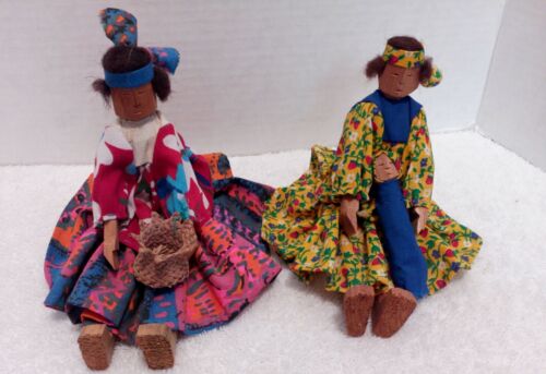 2 Handcrafted Wood Native American Dolls with Handmade clothes