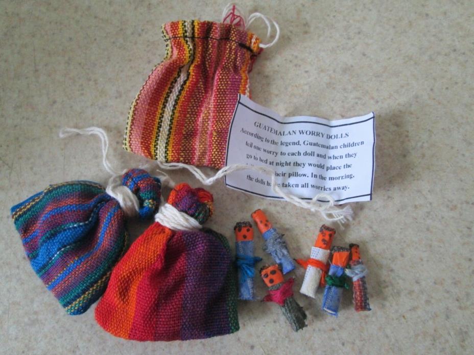 Guatemalan Worry Dolls POUCH Hand Made Mayan Trouble Doll Bag LOT of 3