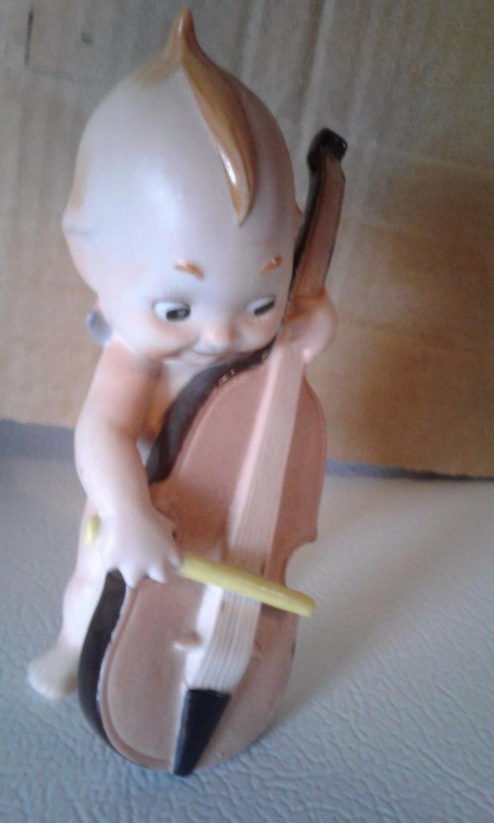 VINTAGE BISQUE ARDALT BLUE WINGED KEWPIE PLAYING BASS CELLO 6490D MARKED #6490C