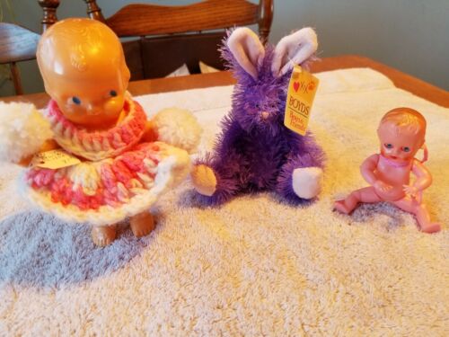 Vintage lot of collectibles.  Irwin talc doll, Boyd's bear rabbit, plastic doll