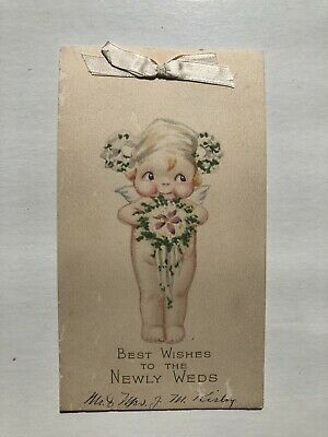 Adorable 1940's Kewpie Doll Wedding Card with Ribbon by Gibson