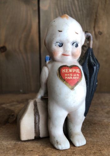 Vintage 1913 Rose O'Neill Traveler Kewpie Bisque Doll Umbrella Bag Heart/Tag