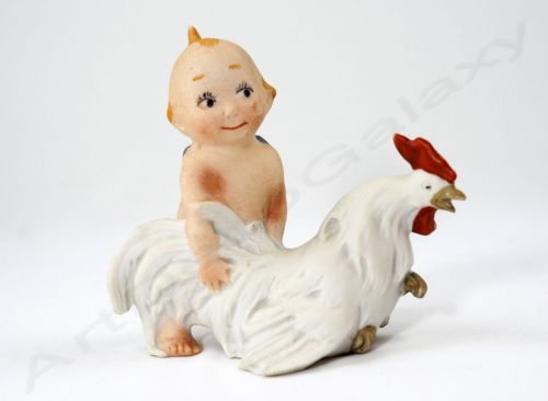 VERY RARE Antique Bisque Kewpie with Rooster/Chicken Hat Pin Holder