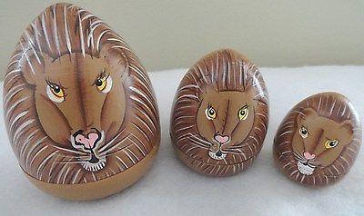 Hand Painted Russian LION Wood Nesting Stacking Toy Collectible Set