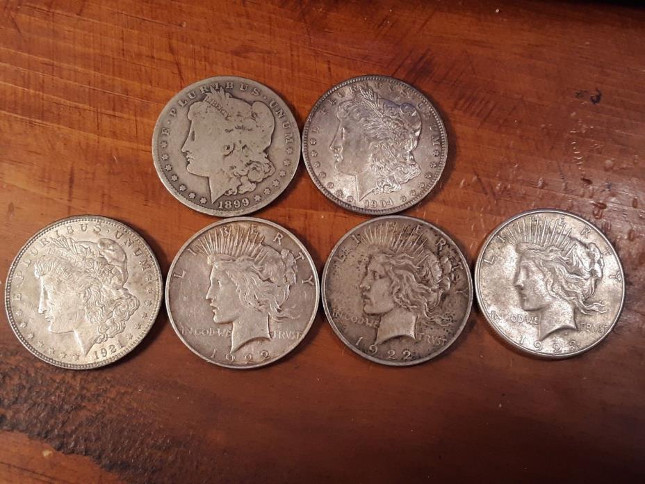 (5) Morgan Silver Dollars 1899, 1904, 1921, 1922, 1923