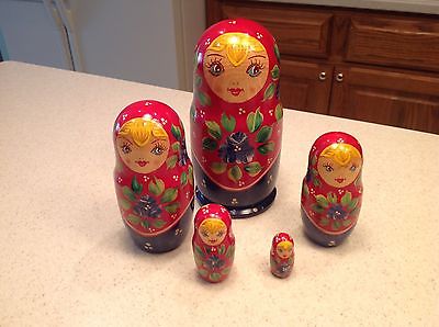 Vintage Nesting Dolls Lady Girl Blond Hair Red Blue Hand Painted EUC!!!!