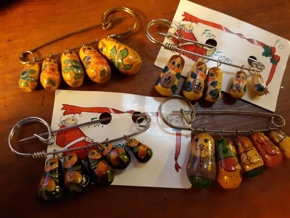 (4) Safety Pins w Russian Nesting Dolls