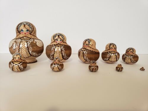 Matryoshka Russian Nesting Dolls Wooden Hand Painted 10 Piece Signed