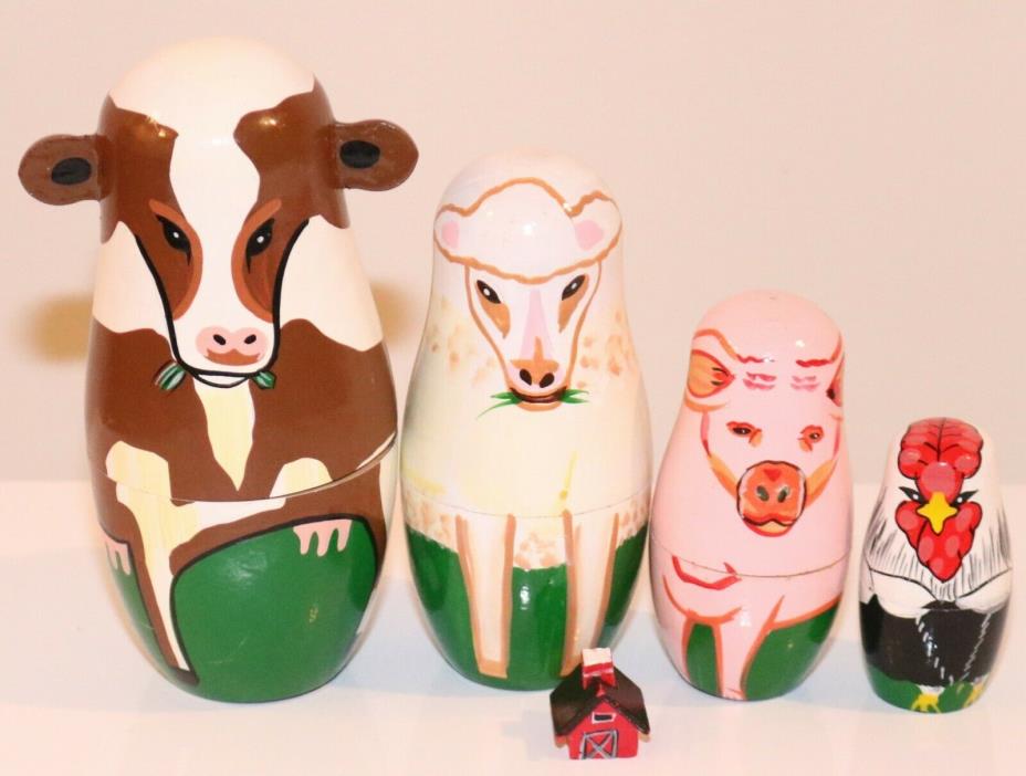 ??Vtg Farm COW Pig Sheep Wooden Matryoshka Nesting Dolls Midwest Importers??