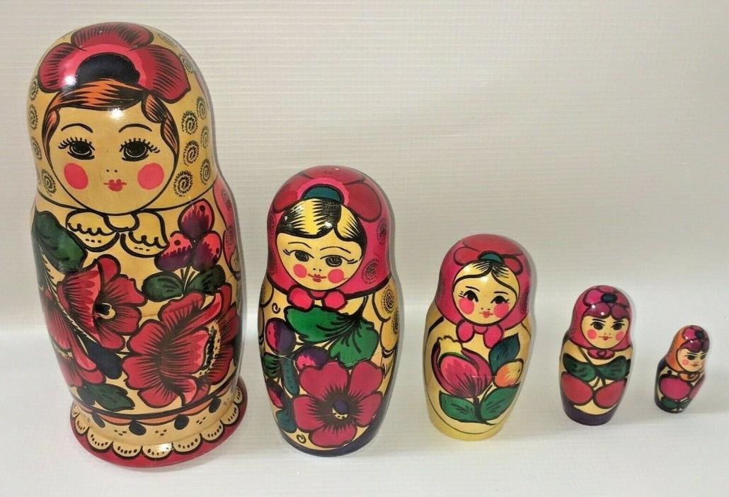 Vintage Matryoshka Russian Nesting Dolls 1992 Red Flowers Set of 5 Graduated