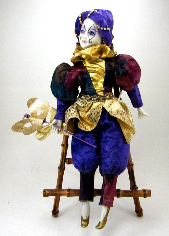 Vintage 50s Venetian Porcelain Doll Velvet Costume Gold Trim Mask Music Box 16