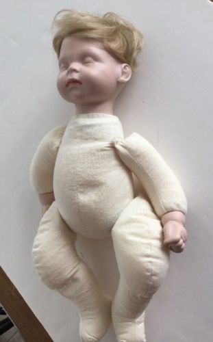 Bell Ceramics Baby Doll 1986 Handmade China Head Hands Weighted Fabric Sleeping