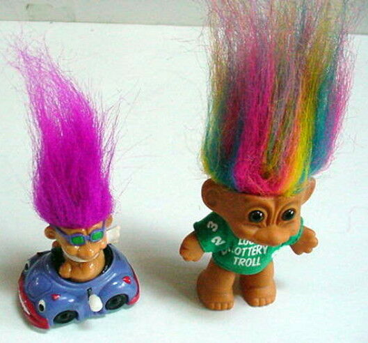 Lucky Lottery Troll Russ Rainbow Hair 3” + Purple Wind Up Car Troll Works Great