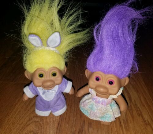 Vintage 1991 TNT Troll Doll Lot Yellow Hair Easter Bunny Purple Hair Dress