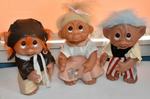 3 Vintage Dam Troll Dolls Made in Denmark Pirate, 50’s, Aviator