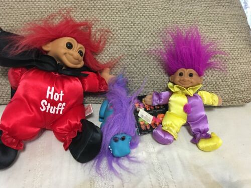Russ Troll Doll Lot Of 2 Jester Clown , Hot Stuff, And 1 Dino Troll Toy Rare Set