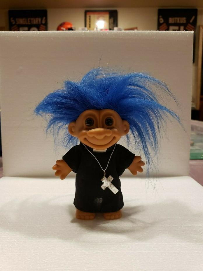 Vintage RUSS Priest Troll Doll with a Silver Cross Black Robe and Blue Hair ~ 5