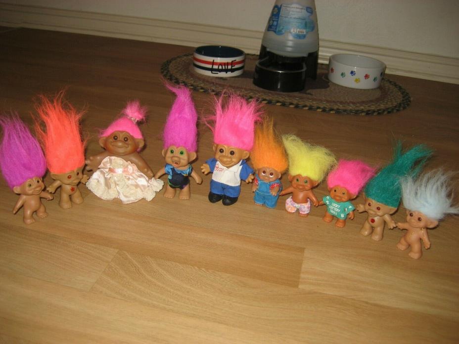 Lot of 10 Vintage collectible Troll Dolls most with clothes(see pic)