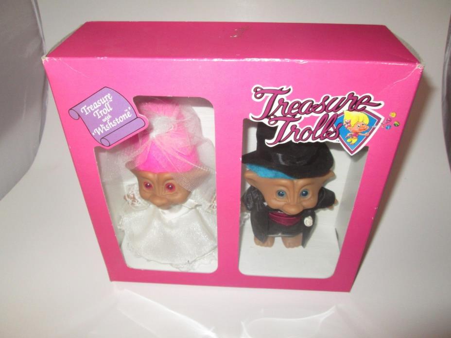 NIB Lot of 2 wedding Ace bride/groom lucky Treasure Troll Pink & Blue Wishstone