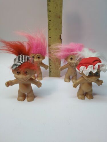 4 Vintage Troll Doll Russ Red White Pink Hair Hats