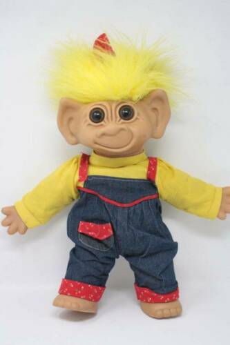 Vintage Uneeda Large Troll Doll Girl With Yellow Hair Wearing Blue Coveralls Bow