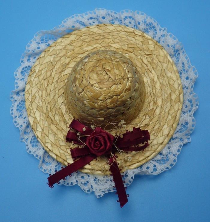 Doll Straw Hat Lace Trim Red bow flower Dolls Bears bonnet 4 inch Red Rose
