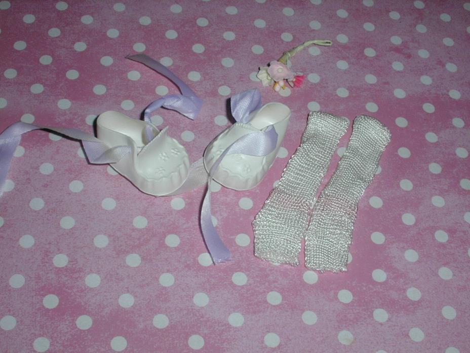 VINTAGE WHITE CINDERELLA BABY DOLL SHOES 1 3/4 by 1 1/4, RAYON SOCKS W/PINK