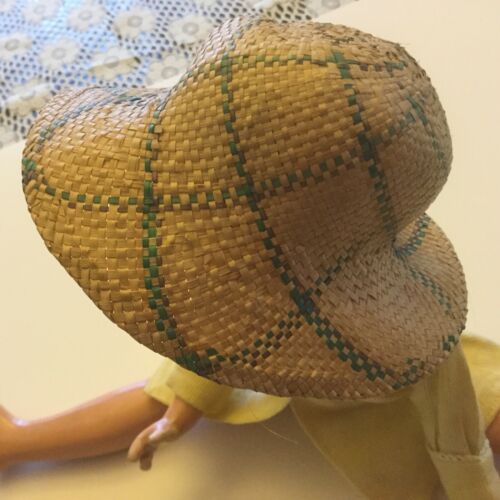Vintage Doll Hat , Natural Straw & Green Colors , for 16-18” Doll
