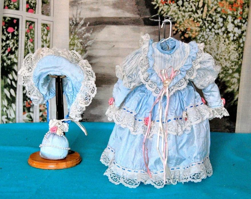 Antique Style Doll  BLUE DRESS & HAT set 4 French Child China Bisque 16