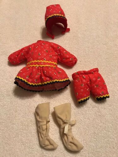Vintage Doll Dress Small Clothes Pants Boots Bonnet Fits 9” Dolls Quilted