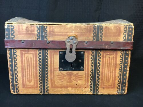 Antique French Fashion Doll Trunk Paper Litho + Tray Leather Handles Late 1800s