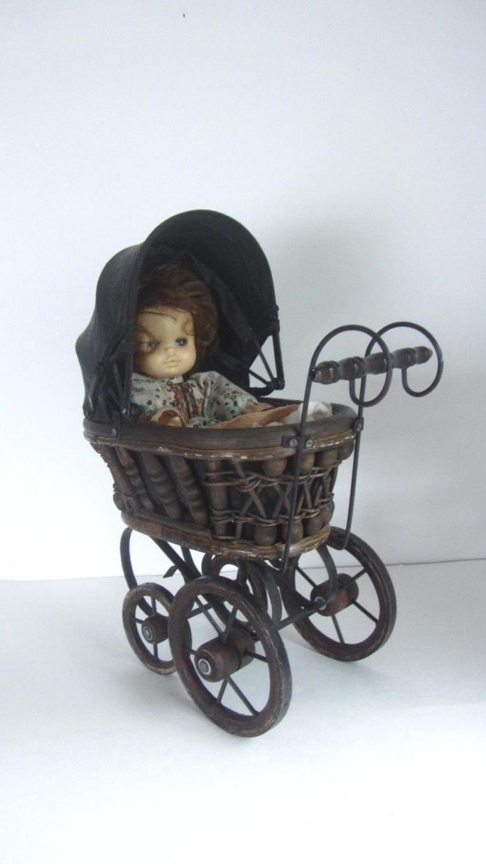 VINTAGE DOLL BUGGY,PRAM, CARRIAGE MADE OF WOOD,WICKER AND WROUGHT IRON