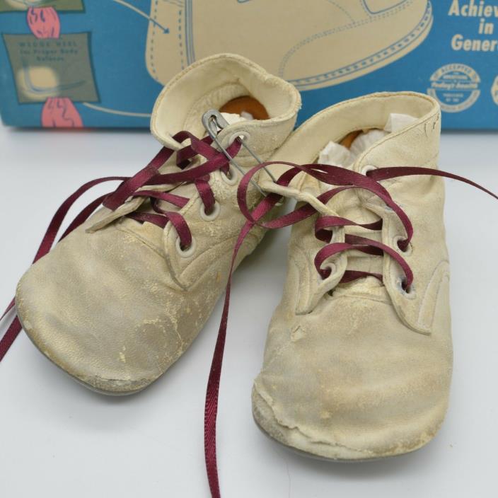 Antique Original Victorian Era Baby or Doll Shoes White Leather Kids Child