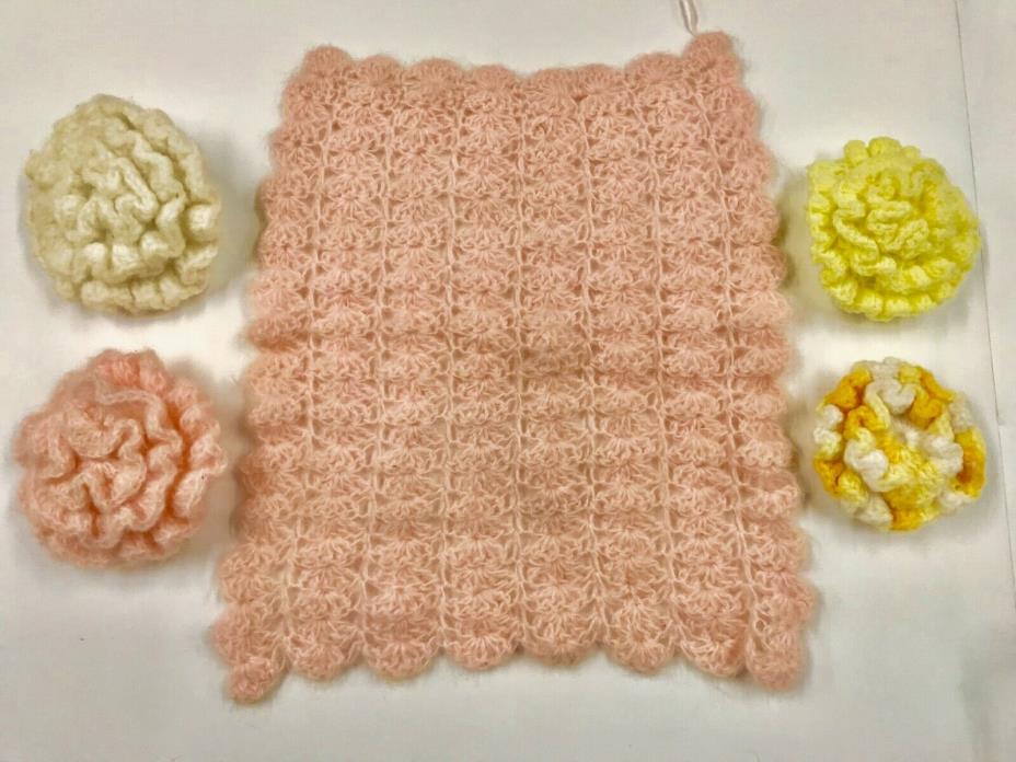 Vintage Hand Knit Baby Doll Pink Blanket & 4 Flower Pillows 14 