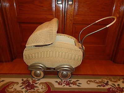 Large Unique Vintage Wicker Doll Baby Stroller, Carriage, Antique