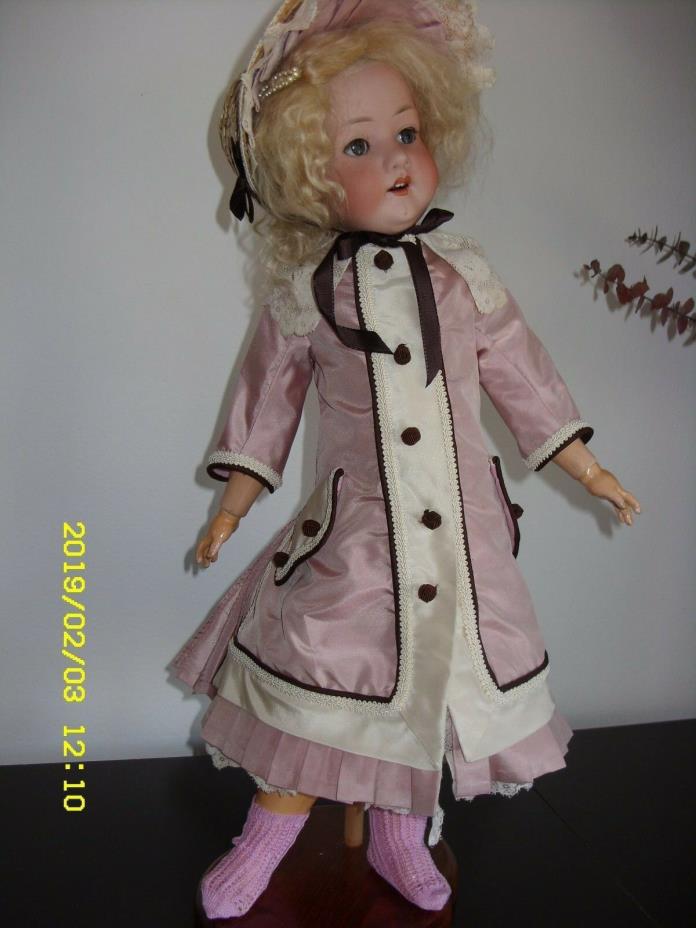 ANTIQUE STYLE DRESS AND  STRAW BONNET  FOR ANTIQUE FRENCH GERMAN DOLL