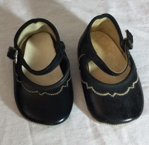 Antique Vintage Infant Baby Toddler Girl's Black Baby Jane Vintage Doll Shoe