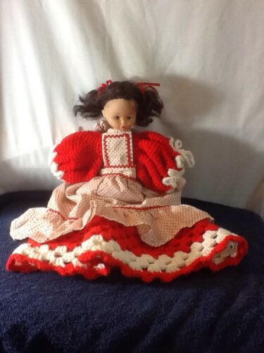 Vintage CROCHET Doll With Plastic Head, Red & White Dress With Polka Dot Apron