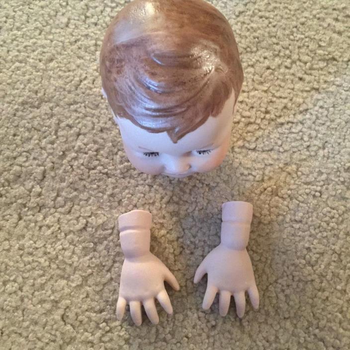 Doll Reproduction Boy Head and Hands Boy Teeth Showing Brown Hair Blue Eyes