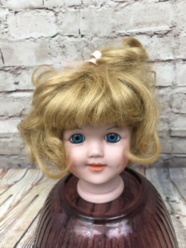 VTG Porcelain Doll Head 5” Blonde Wig Blue Eyes Teeth Dimples Parts Repair
