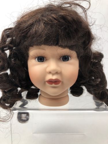 VTG Porcelain Doll Head 5” Bust Curly Brown Hair Wig Eyelashes Parts Repair
