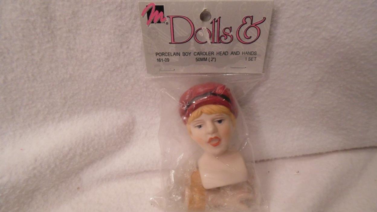 PORCELAIN DOLL HEAD, BOY CAROLER HEAD & HANDS, HE HAS ON A CAP,  MANGELSEN'S