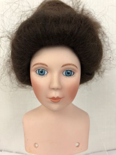 VTG Porcelain Doll Head Bust 4 1/2” Brown Wig Blue Eyes Victorian Parts
